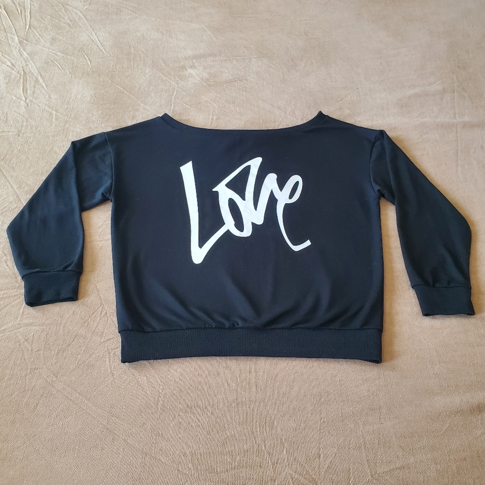 Black LOVE Off Shoulder Long Sleeve Pullover Sweatshirt Small